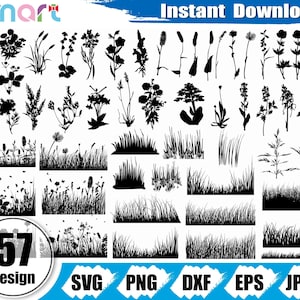 Pacote de grama Svg, borda de grama selvagem svg, galho de flor svg, clipart de grama vetor png dxf eps estêncil arquivo de corte para vinil Cameo Silhouette Cricut