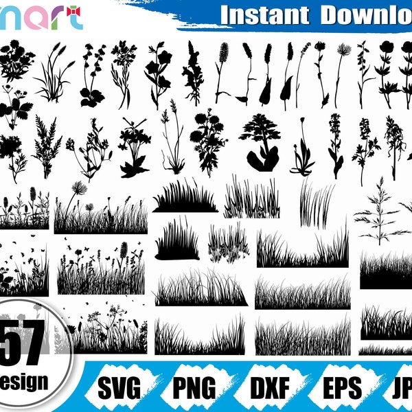 Grass Svg Bundle,Wild Grass border svg,Flower branch svg,Grass clipart vector png dxf eps stencil cut file for Cameo silhouette cricut vinyl