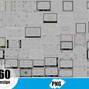 May include: A set of 60 camera viewfinder overlays in PNG format. The overlays are in black and white and feature different grid patterns, crosshairs, and focus points.