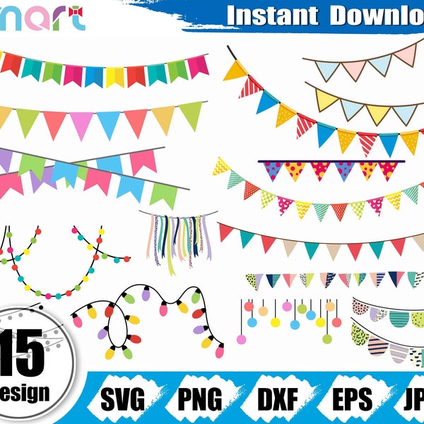 Bunting Banner Svg Bundle,Flag svg,Party banner svg,Bunting Banner clipart vector png dxf eps stencil cut file for silhouette cricut vinyl