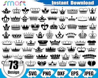 May include: A set of 73 black and white crown designs. The crowns are in various styles and sizes. The text "Instant Download" and "73 Design" are visible in the image.