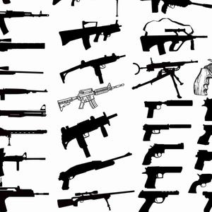 May include: A collection of black and white illustrations featuring various firearms, including rifles, submachine guns, and handguns. The graphic displays silhouettes of different weapon models arranged in a grid-like pattern on a white background.