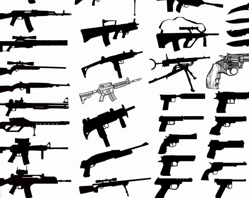 May include: A collection of black and white illustrations featuring various firearms, including rifles, submachine guns, and handguns. The graphic displays silhouettes of different weapon models arranged in a grid-like pattern on a white background.
