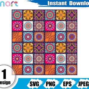 May include: A seamless pattern featuring a colorful patchwork design with intricate mandala-like motifs in shades of pink, orange, yellow, blue, and purple. The pattern is perfect for creating unique and vibrant designs for fabric, wallpaper, or other decorative projects.