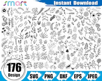 Floral SVG Bundle, Botanical Leaves, Flower Vector Graphics (Digital Download)