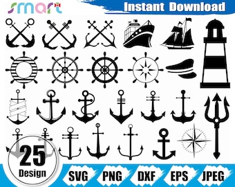 May include: A set of 25 black and white nautical themed SVG cut files. The designs include anchors, ships, wheels, compasses, and a lighthouse.  The text "Instant Download" and "25 Design" are also included in the image.