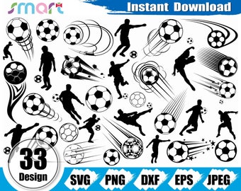 Può includere: Un set di 33 illustrazioni vettoriali in bianco e nero di giocatori di calcio, palloni e altre immagini correlate. Le illustrazioni sono perfette per l'uso in progetti digitali, artigianato e altri progetti creativi.