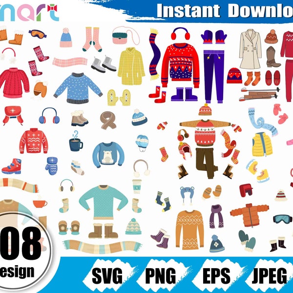 Ski equipment Svg Bundle,Winter clothes svg,Sweater svg,boots svg,sock svg clipart vector png eps stencil cut file Cameo silhouette cricut