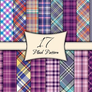 Puede incluir: Un conjunto de 17 patrones de cuadros en varios colores, incluyendo morado, rosa, azul y naranja. Los patrones están dispuestos en una cuadrícula con una pancarta que dice "17 Plaid Pattern".