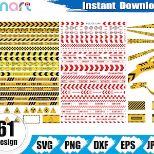 Op de afbeelding: Een digitale set met 61 waarschuwings- en waarschuwingstape-ontwerpen in geel, zwart en rood. Bevat patronen met tekst zoals "Gevaar", "Voorzichtig" en "Politielijn". Beschikbaar in SVG, PNG, DXF, EPS en JPEG formaten.
