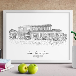 Peut inclure: Dessin au trait noir et blanc d'une maison &agrave; deux &eacute;tages avec une cour avant. Le texte "Home Sweet Home" est sous l'image, ainsi que les mots "Your House Address, Atlanta, GA 30341, 2020".