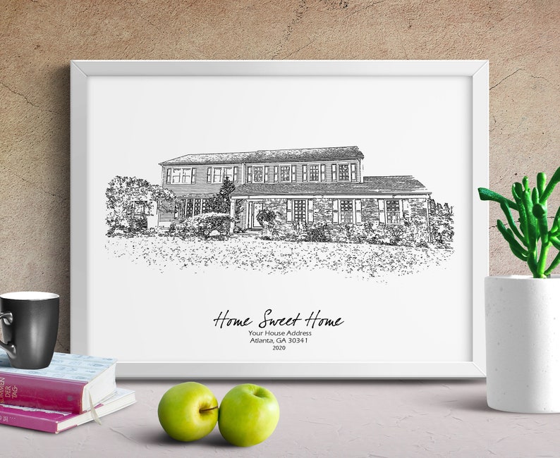 Peut inclure: Dessin au trait noir et blanc d'une maison &agrave; deux &eacute;tages avec une cour avant. Le texte "Home Sweet Home" est sous l'image, ainsi que les mots "Your House Address, Atlanta, GA 30341, 2020".