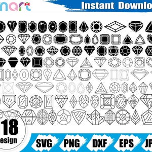 May include: A digital design set showcasing 118 diamond designs in black and white. The image includes diverse cuts such as round, oval, and pear, with the text "Instant Download" at the top and file type options at the bottom.
