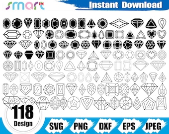 May include: A digital design set featuring 118 different diamond shapes in black and white. The image includes various cuts like round, oval, and pear, with the text "Instant Download" at the top and file type options at the bottom.