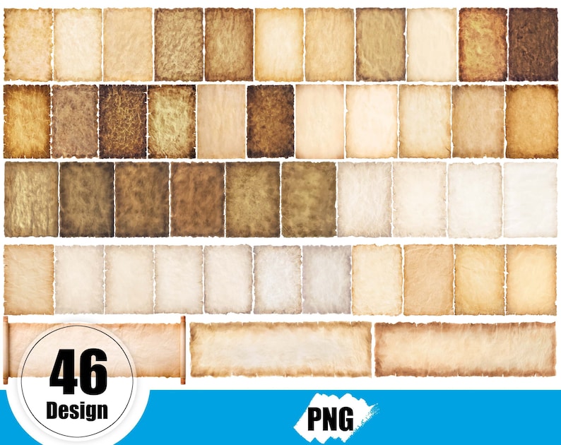 May include: 46 different designs of vintage paper textures in various shades of brown and cream. The textures are in a grid format and include scrolls with rolled edges. PNG.