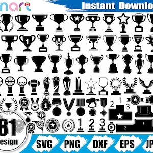Pacote Troféu Svg, Medalhas svg, Pódio svg, Distintivo svg, Vetor de clipart de troféu png dxf eps arquivo de corte de estêncil para arquivo de vinil cricut de silhueta Cameo