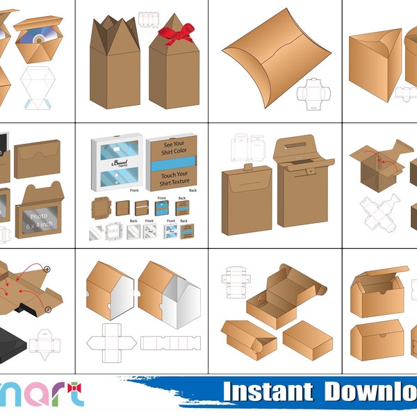 Shirt Box Svg, CD Box Svg, Box Template Svg Bundle, Drawer Box svg, Paper Bag svg, png, dxf, eps, stencil, silhouette, Cricut, cut file