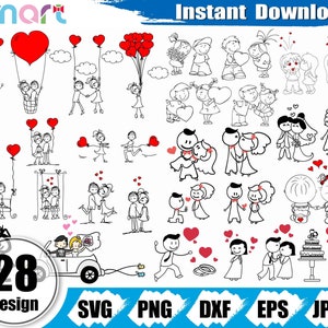 スティック ラバーズ SVG バンドル、スティック ウェディング SVG、スティック カップル クリップアート ベクター SVG PNG DXF EPS ステンシル カット ファイル、Cameo シルエット クリカット ビニール