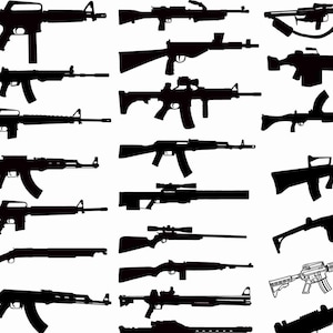 May include: A collection of black silhouettes depicting various types of firearms, including rifles, submachine guns, and automatic weapons, arranged in a grid pattern against a plain white background, showcasing diverse barrel lengths and stocks.