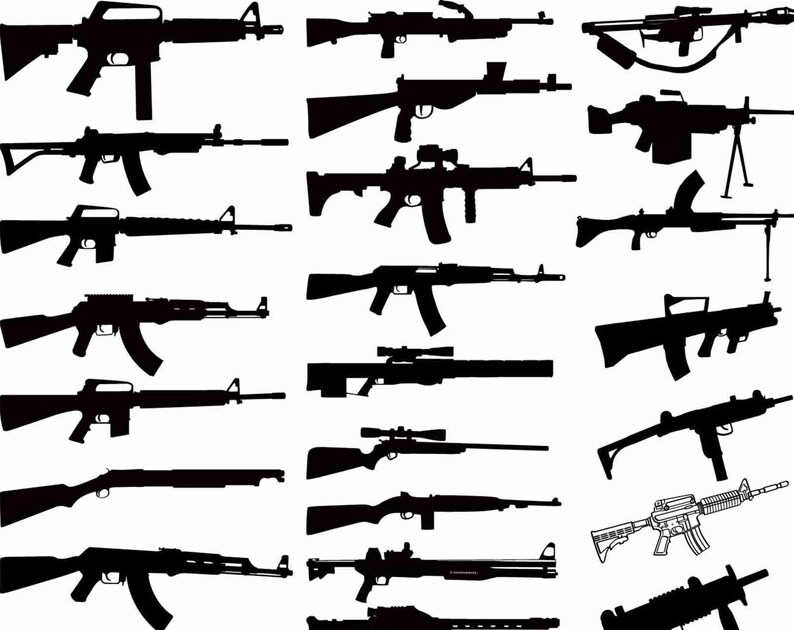 May include: A collection of black silhouettes depicting various types of firearms, including rifles, submachine guns, and automatic weapons, arranged in a grid pattern against a plain white background, showcasing diverse barrel lengths and stocks.