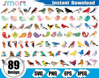 May include: A set of 89 colorful bird illustrations in various poses. The birds are in a variety of colors, including red, blue, green, yellow, and orange. The illustrations are perfect for crafting projects, scrapbooking, or digital design.