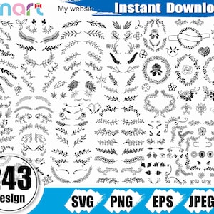 Könnte beinhalten: Eine Sammlung von 243 handgezeichneten floralen und Blattmotiven in Schwarzweiß. Die Designs umfassen Kränze, Bordüren, Trennlinien und andere dekorative Elemente. Die Designs sind perfekt für Basteln, Scrapbooking und andere kreative Projekte.