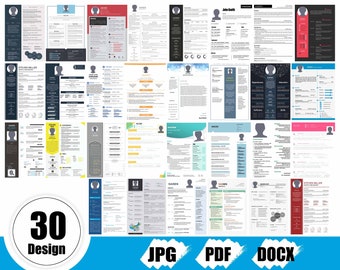 Könnte beinhalten: Eine Sammlung von 30 verschiedenen Lebenslaufvorlagen in den Formaten JPG, PDF und DOCX. Die Vorlagen bieten verschiedene Farben, Layouts und Designs.