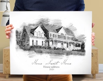Custom Pencil Sketch House Portrait, Pencil Sketch House Painting, Peronalized Home Drawing, Hand drawn house,Personalized Housewarming Gift