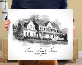 Puede incluir: Boceto en blanco y negro a lápiz de una casa con porche. El texto "Home Sweet Home" y "House address 2020" está debajo de la imagen.