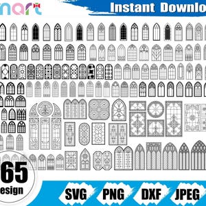 May include: A collection of 165 window designs in black and white, available for instant download. The designs include various shapes and patterns, suitable for digital art or crafting projects. Formats include SVG, PNG, DXF, and JPEG.