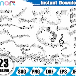 Stave Svg Bundel, Opmerking svg, golvende lijn svg, muziek svg, noteer nota clipart vector png dxf eps stencil cut bestand voor Cameo silhouet cricut vinyl