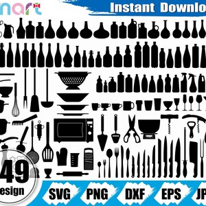 May include: A black and white image of 149 kitchen and food related SVG cut files. The image includes a variety of items such as bottles, glasses, kitchen utensils, and food items. The image also includes the text "149 Design" and the words "SVG, PNG, DXF, EPS, JPEG".