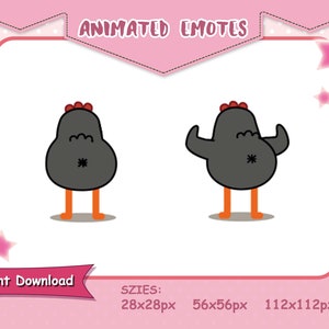 May include: Two animated emotes of a cartoon character with a black body, orange legs, and a red crest. One emote shows the character standing, and the other shows the character flexing its arms. The text "Animated Emotes" is at the top.