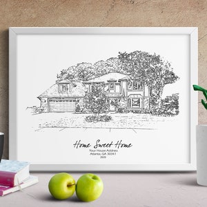 Peut inclure: Dessin au trait noir et blanc d'une maison avec une grande cour et des arbres. Le texte "Home Sweet Home" est sous la maison, ainsi que l'adresse "Atlanta, GA 30341" et l'ann&eacute;e "2020".