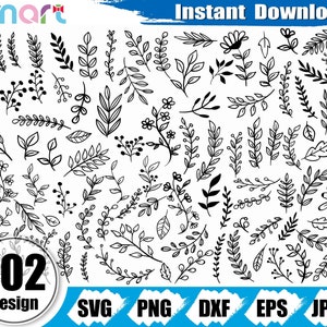 Feuilles Svg Bundle, feuille svg, svg branche, feuilles dessinées à la main svg, feuilles clipart vecteur png dxf eps pochoir coupé fichier pour vinyle cricut silhouette