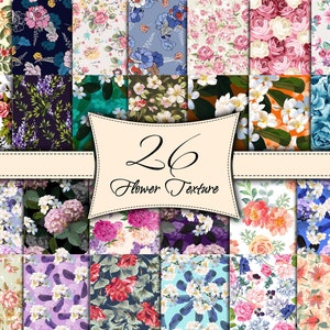 Könnte beinhalten: Eine Collage aus 26 verschiedenen Blumenmustern, jedes mit einer Vielzahl von Blumen in verschiedenen Farben und Stilen. Die Muster sind in einem Raster angeordnet, mit einer Titelkarte in der Mitte, auf der "26 Flower Texture" steht.