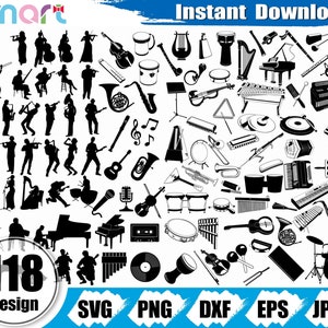 Muziekinstrument Svg bundel, djembe gitaar drum fluit accordeon svg clipart vector png dxf eps stencil gesneden bestand voor silhouette cricut vinyl