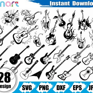 Gitaar SVG Bundel, Muziek svg, Flame Fire Gitaar clipart vector svg png dxf eps stencil cut bestand voor Cameo silhouet cricut vinyl bestand logo