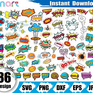 Superheld Sprechblase svg Bundle, POW oops BOOM wow svg, Cartoon Sprechblase svg Clipart png dxf eps Schablone geschnitten Datei Silhouette Cricut
