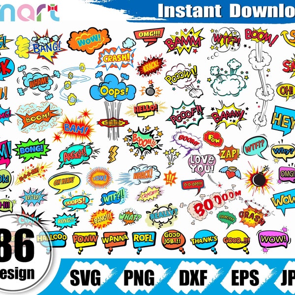 Superheld Sprechblase svg Bundle, POW oops BOOM wow svg, Cartoon Sprechblase svg Clipart Png dxf eps Schablone geschnitten Datei Kontur Cricut