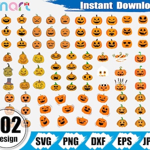 Puede incluir: 102 diseños de calabazas de Halloween en varias expresiones y poses. Los diseños son en naranja y negro e incluyen un sombrero de bruja, un fantasma y una calabaza con vendas. El texto "102 Design" está en la esquina inferior izquierda. El texto "SVG PNG DXF EPS JPEG" está en la esquina inferior derecha.