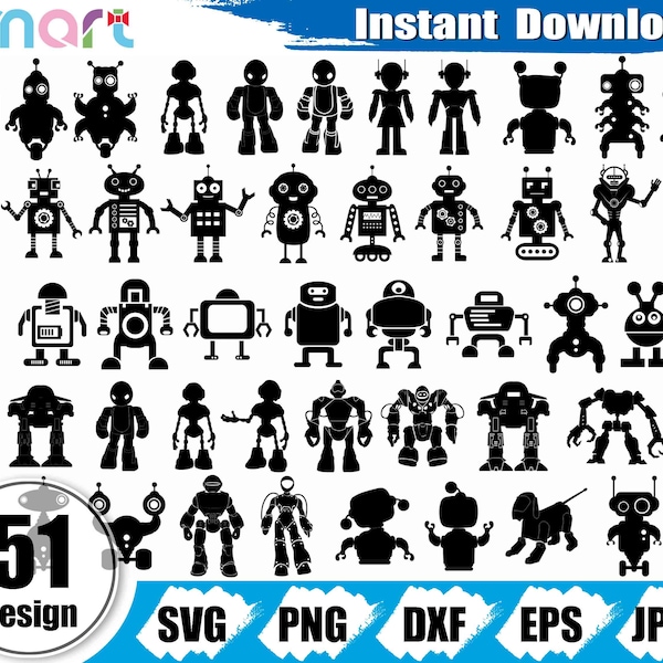 Robot Svg Bundle,Robots Svg,Robot clipart vector png dxf eps jpeg stencil cut file for Cameo silhouette cricut vinyl file logo print file