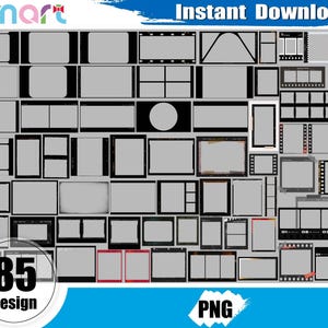 May include: A collection of 85 digital photo frames and film strip overlays in various rectangular, square, and circular shapes. The frames feature black borders, sprocket holes, and tape accents on a white background, labeled as 85 Design PNG.