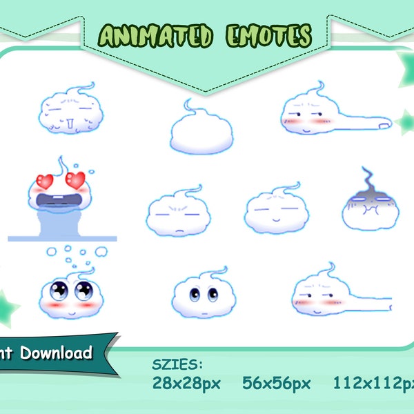 Emotes animés cloud, émoticônes Cloud Twitch, émoticônes Cloud Discord, pack d'émoticônes Cloud, émoticônes pour streamers et joueurs dans le cloud, émoticônes Cloud gif