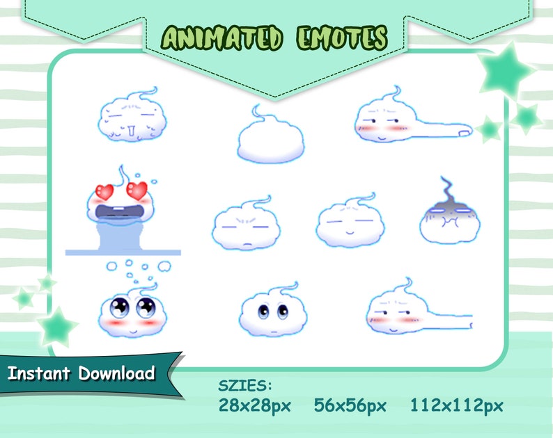 May include: A set of nine animated cloud emotes with different expressions, including hearts, a tongue sticking out, and a frown. The emotes are in various sizes, including 28x28px, 56x56px, and 112x112px. The text "Animated Emotes" and "Instant Download" is also included in the image.