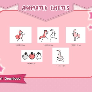 May include: A pink graphic with the text "ANIMATED EMOTES" and "Instant Download". The image features several cartoon animal emotes, including an ant, fox, rabbit, sheep, and kangaroo, each in a different pose.