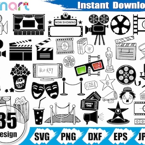 Puede incluir: Un conjunto de 35 imágenes de clipart digitales en blanco y negro con temática de cine. Las imágenes incluyen una cámara de cine, palomitas de maíz, un carrete de película, gafas 3D, una entrada de cine, una silla de director y más.