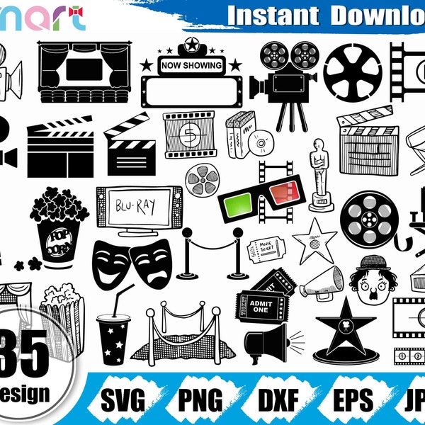 Cinema Svg Bundle,Filmstrip svg,Film svg,Movie svg,Cinema Film clipart vector png dxf eps stencil cut file for Cameo silhouette cricut vinyl