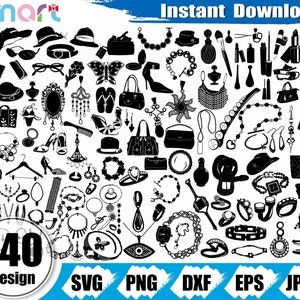 ファッション女性 SVG バンドル、ジュエリー SVG、化粧品 SVG、イヤリング リング ネックレス ハンドバッグ SVG クリップアート ベクター SVG DXF カット ファイル シルエット クリカット ビニール