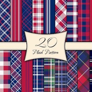 Blue Red Plaid Digital Papers, Blue Red  Plaid Seamless Pattern,Dark Blue Red Buffalo Plaid Background, Blue Red Scottish Plaid Pattern